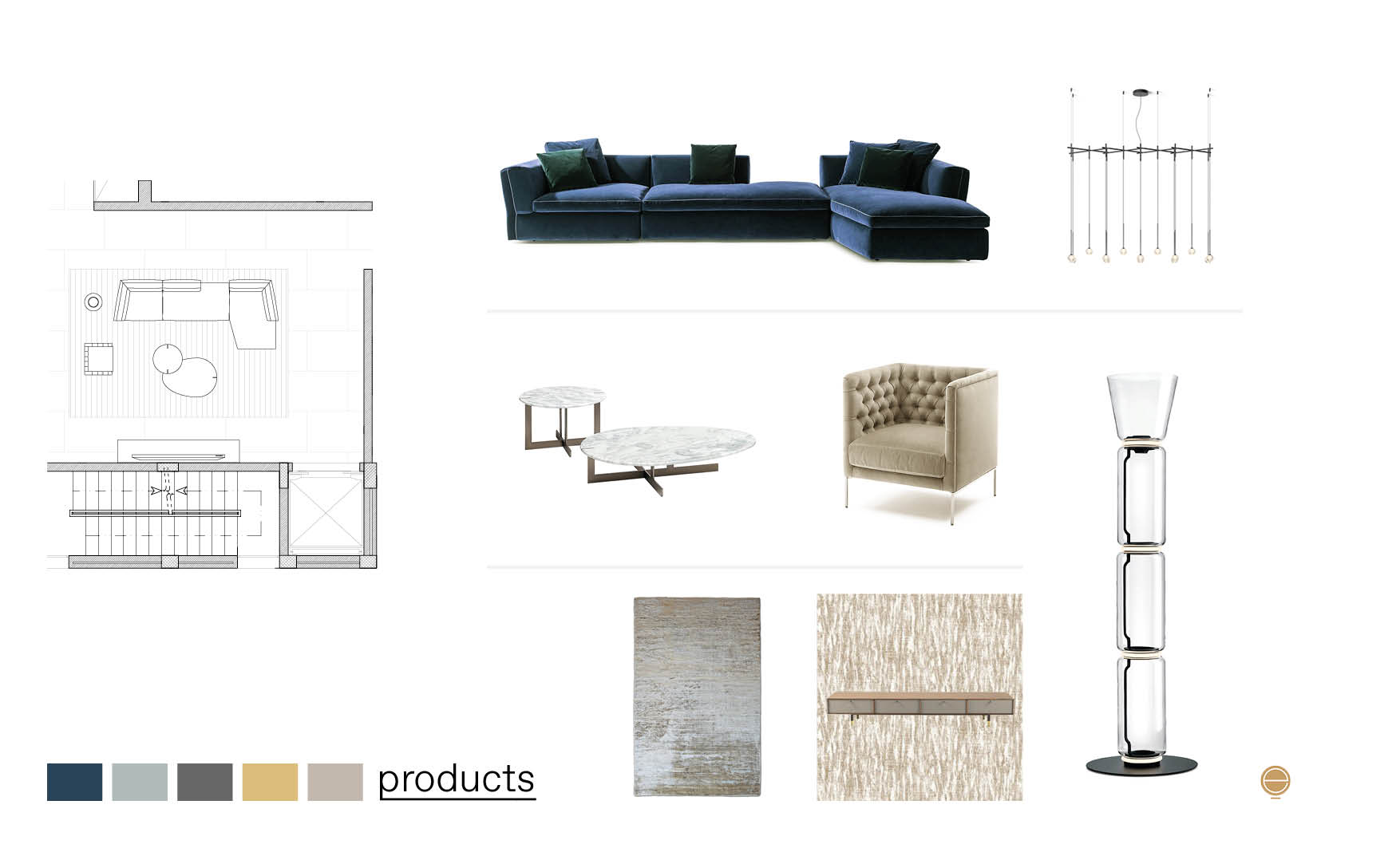 products moodboard of luxury Italian living room furniture made by Esperiri