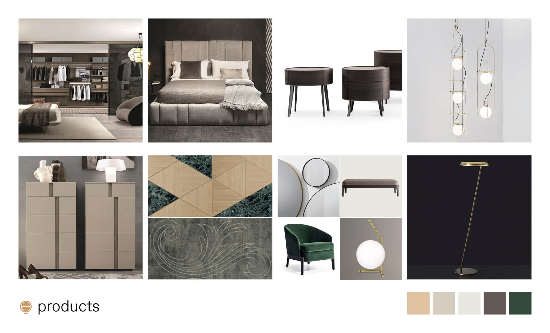 products moodboard of luxury Italian bedroom furniture made by Esperiri