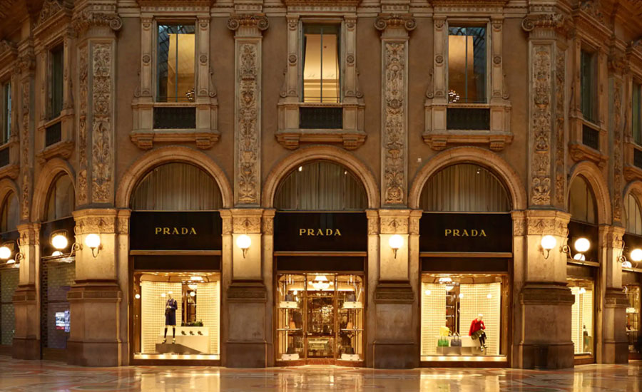 Prada flagship store in Galleria Vittorio Emanuele II and luxury shopping in Milan