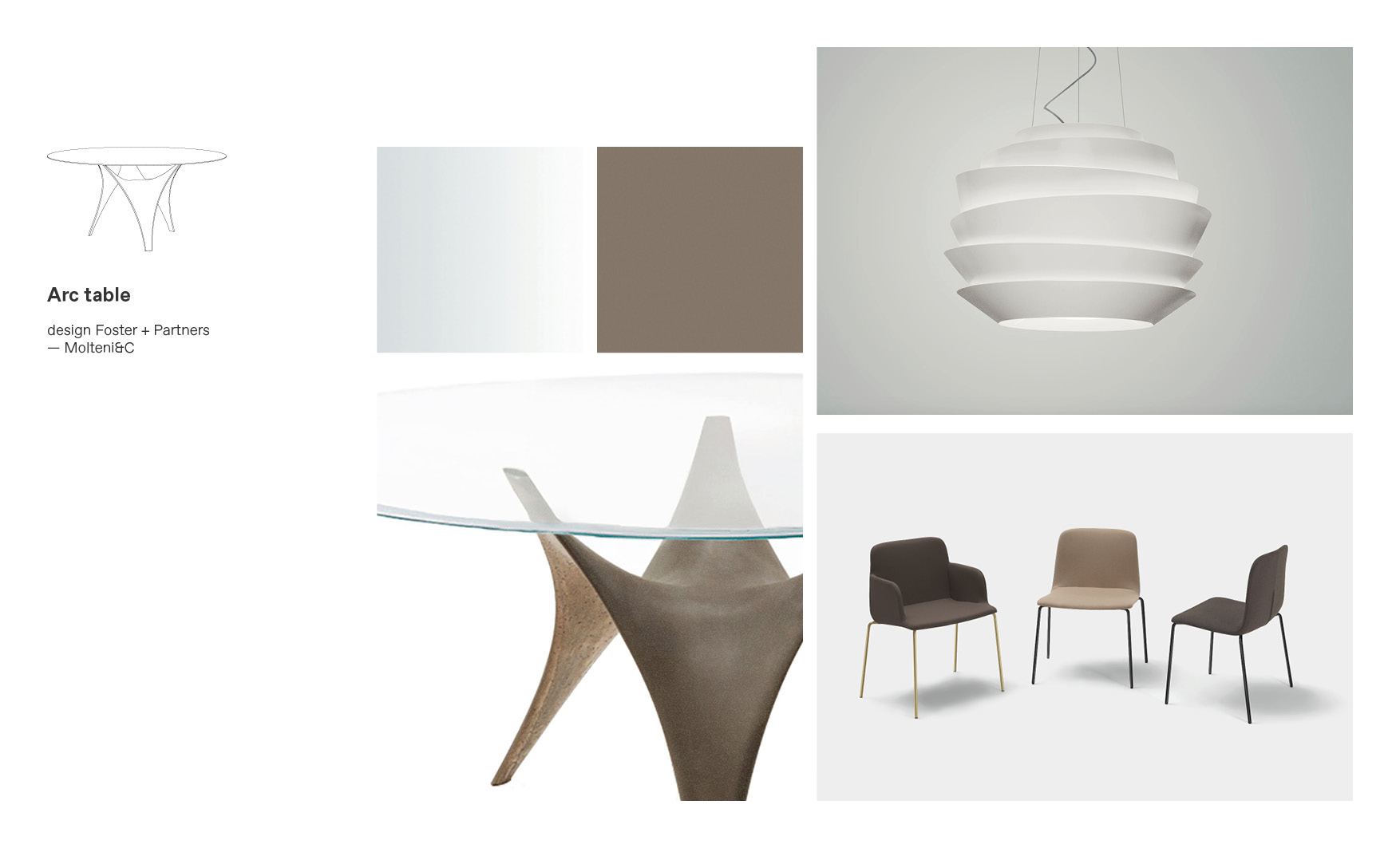 Molteni dining tables and Arc Table moodboard composition by Esperiri