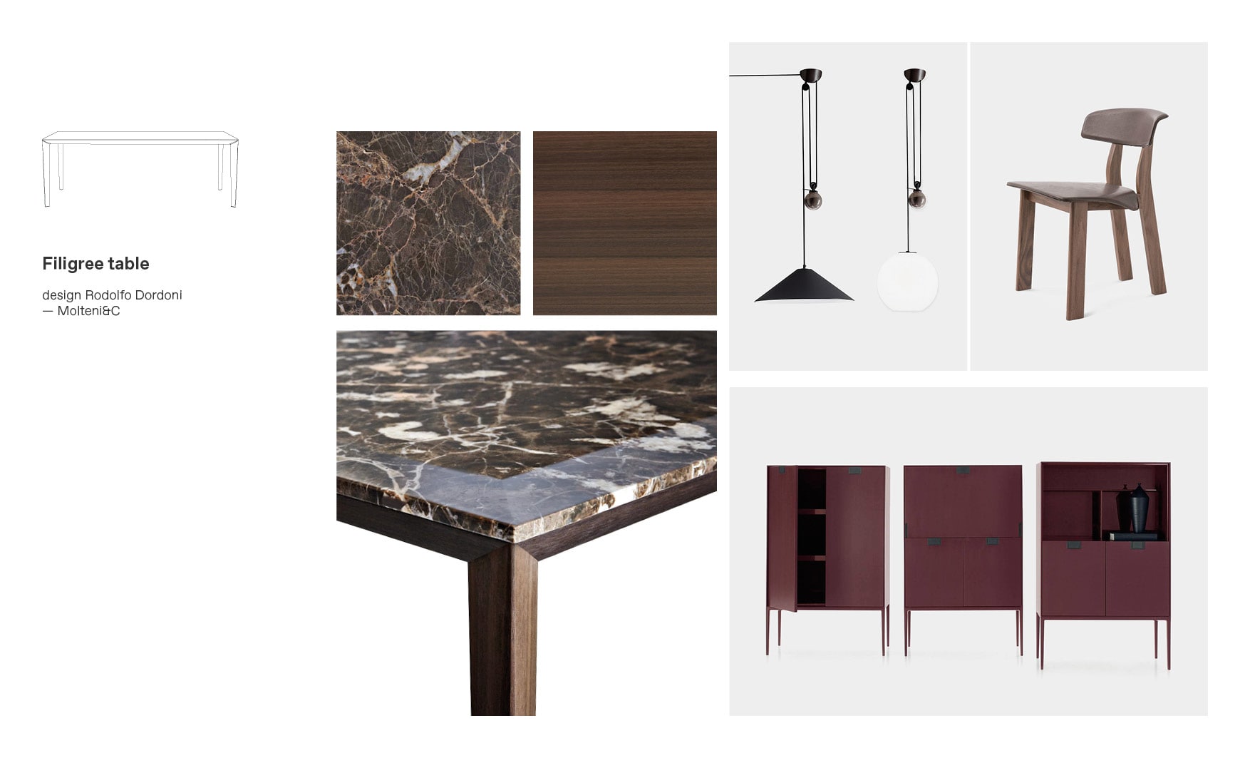 Molteni dining tables and Filigree moodboard composition by Esperiri