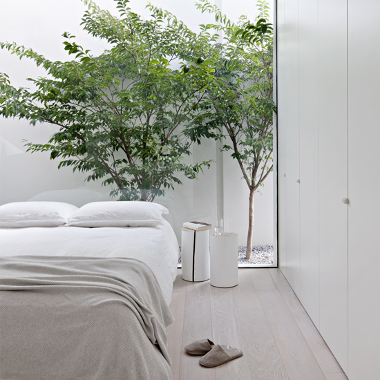 White walls and green trees are the main colors of Bourne Road Residence, designed by studiofour, one of the top interior designers melbourne has to offer