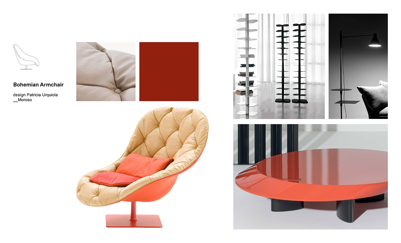 Moodboard composition with Bohemian Armchair by Patricia Urquiola for Moroso, DNA Bookcase by Cattelan Italia, Accordo Coffee Table by Charlotte Perriand for Cassina and Nota Lamp by Elisa Ossino for DePadova