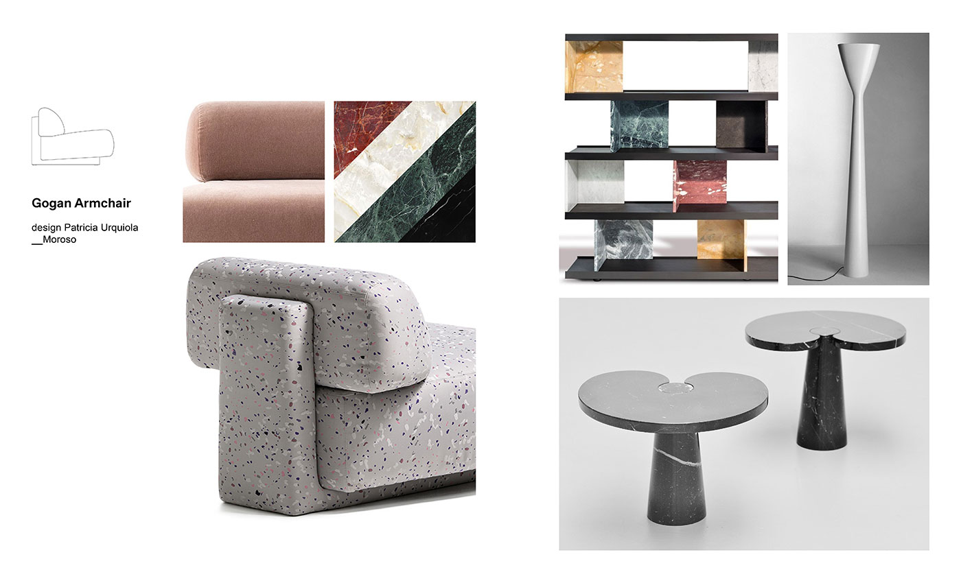 Moodboard composition with Gogan Armchair by Patricia Urquiola for Moroso, Colonnata Bookcase designed by Piero Lissoni for Salvatori, Eros Coffee Table by Angelo Mangiarotti and Carrara Lamp by Luceplan