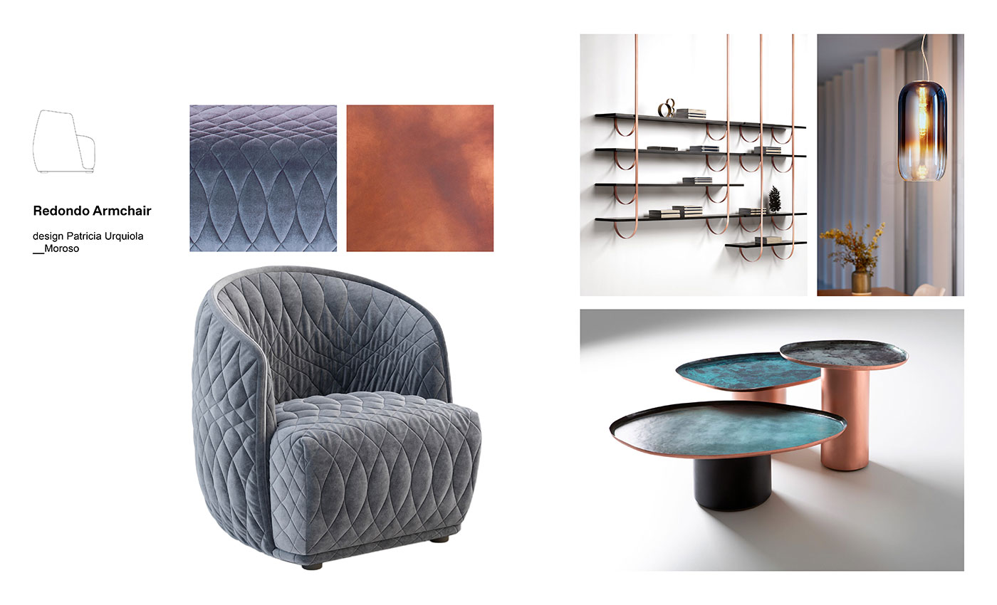 Moodboard composition with Redondo Armchair by Patricia Urquiola for Moroso, Talea Bookcase, Drops Coffee Tables both by De Castelli and two Gople Lamps by Bjarke Ingels Group for Artemide