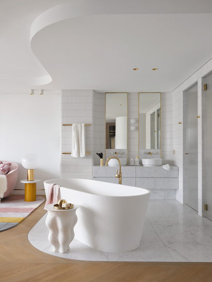 Carrara Marble Bathroom of Walsh Bay Penthouse designed by Greg Natale, one of the top interior designers Sydney has to offer