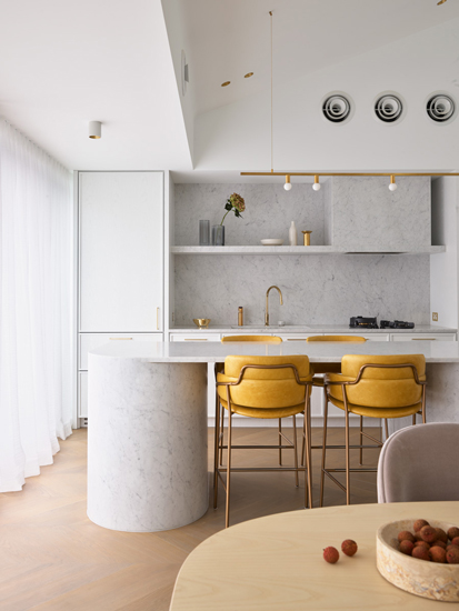 Carrara Marble Kitchen of Walsh Bay Penthouse designed by Greg Natale, one of the top interior designers Sydney has to offer