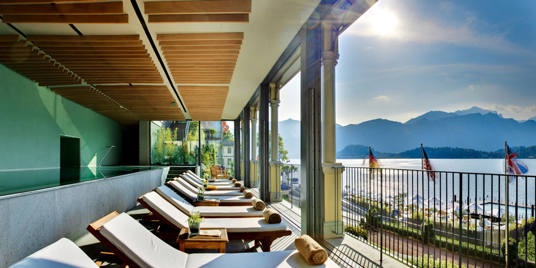 Infinity pool overlooking the Lake Como at Grand Hotel Tremezzo in the 18th century Villa Emilia. T-Spa is one of the most luxury lake spa in Lombardy region.