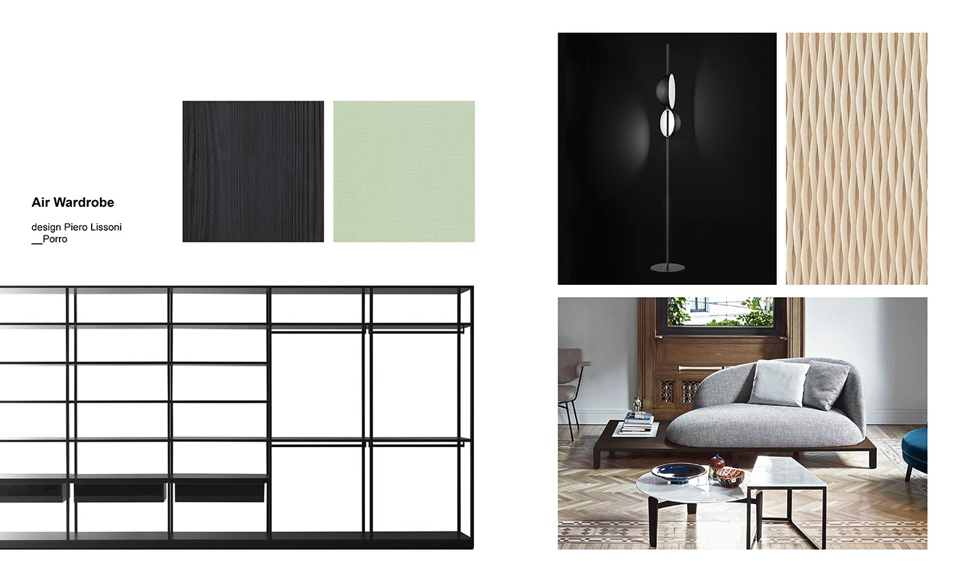 Moodboard Porro Closets composition with Air Wardrobe by Piero Lissoni for Porro, Superluna floor lamp designed by Oluce and Bonsai sofa by Arflex