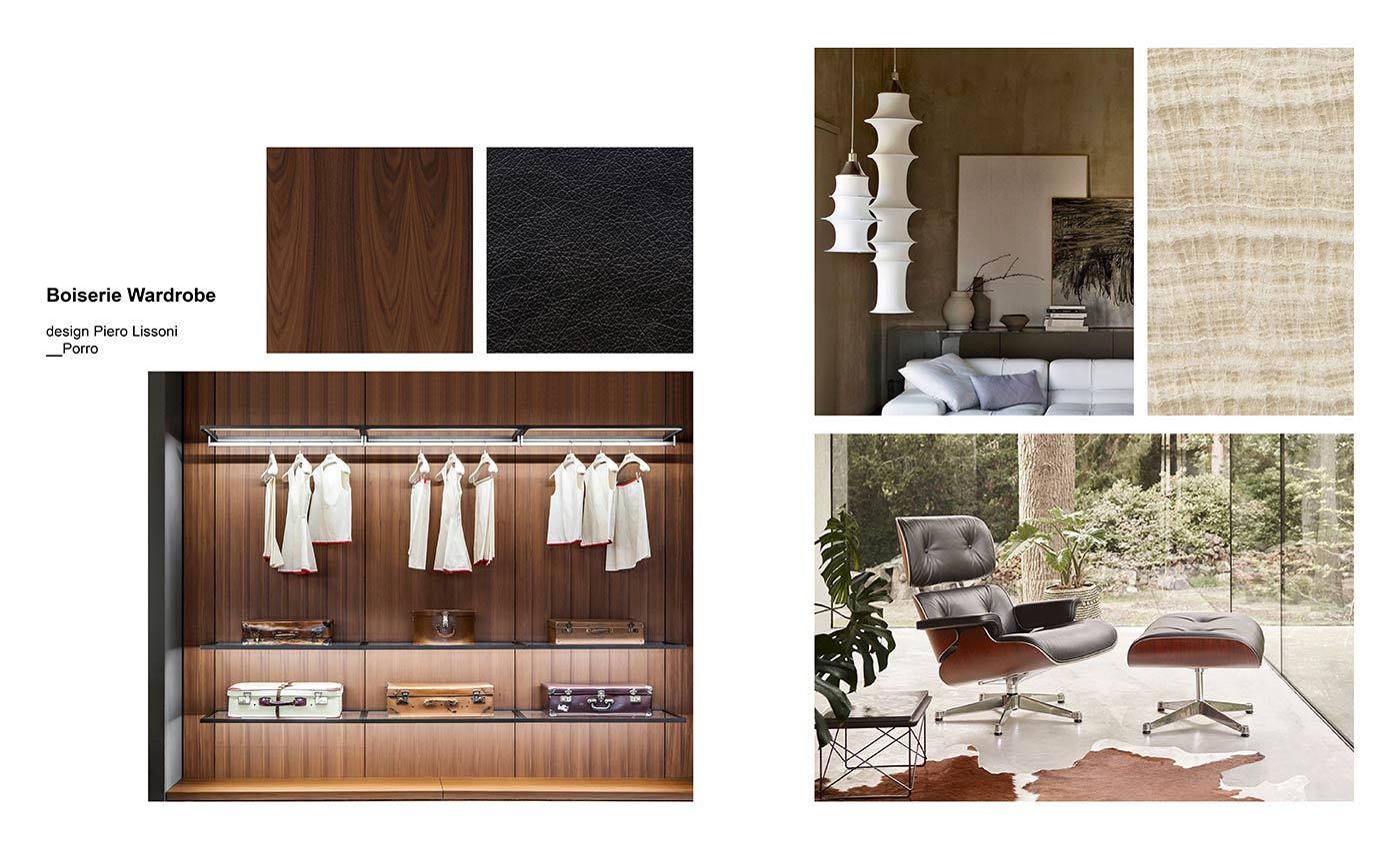 Moodboard composition with Boiserie Wardrobe by Piero Lissoni for Porro, Falkland floor lamp designed by Bruno Munari for Artemide and Lounge Chair and Ottoman by Charles and Ray Eames for Vitra