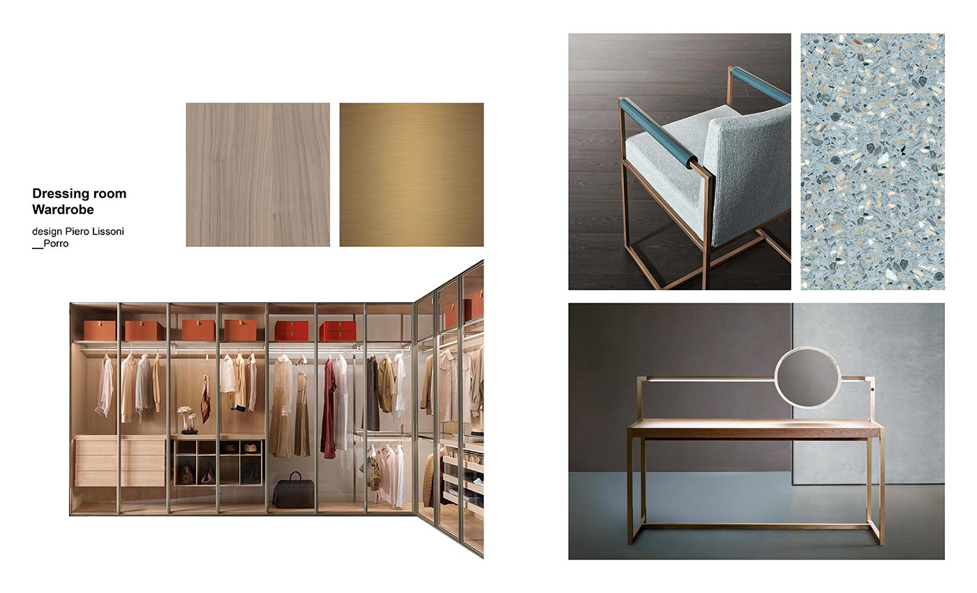 Moodboard Porro Closets composition with Dressing Room Wardrobe by Piero Lissoni for Porro, Continuum Vanity Desk designed by Matteo Nunziati for Natevo and Rider Chair designed by Andrea Parisio for Meridiani