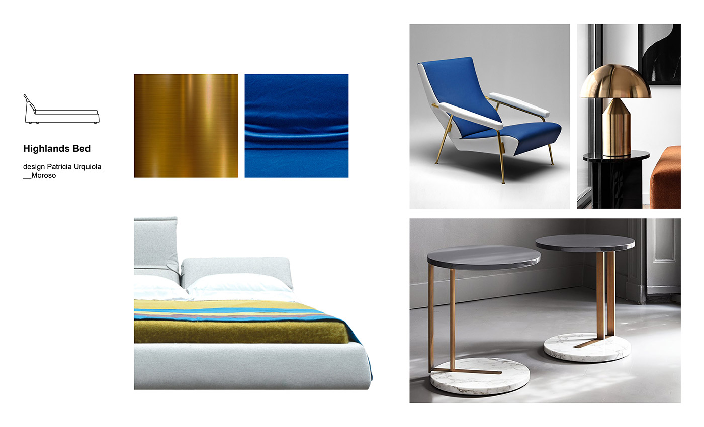Moodboard composition with Highlands Bed by Patricia Urquiola for Moroso, Atollo lamp designed by Vico Magistretti for Oluce, Ralf nightstands by Meridiani and D.153.1 armchair designed by Gio Ponti for Molteni&C