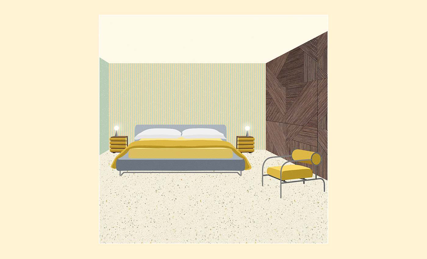Mix&Match Moroso Beds composition with Lowland Bed by Patricia Urquiola for Moroso, Bilia Lamp designed by Gio Ponti for Fontana Arte, Acerbis Storet nightstands and Sofa with arms by Cappellini