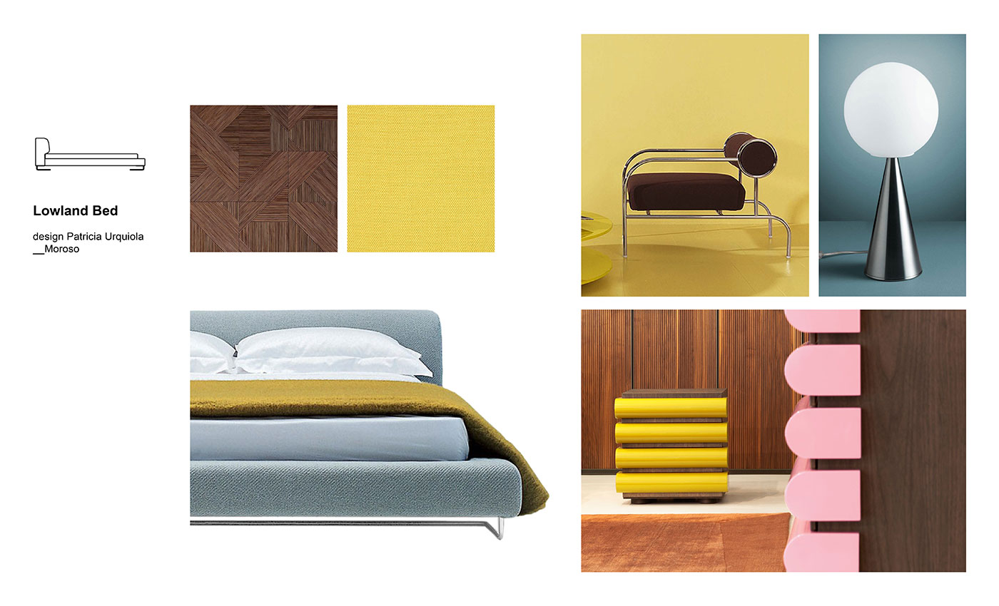 Moodboard composition with Lowland Bed by Patricia Urquiola for Moroso, Bilia Lamp designed by Gio Ponti for Fontana Arte, Acerbis Storet nightstands and Sofa with arms by Cappellini