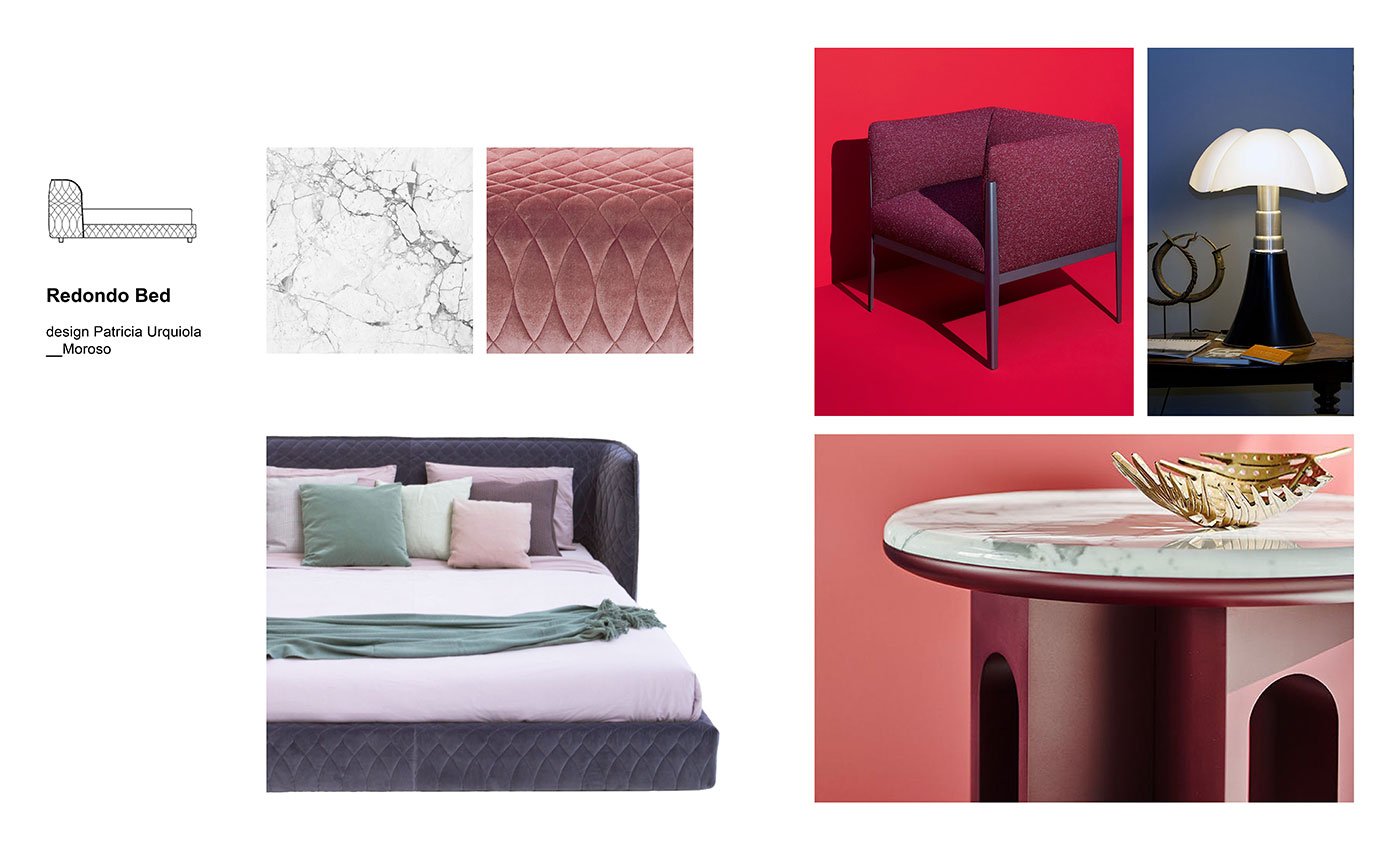 Moodboard composition with Redondo Bed by Patricia Urquiola for Moroso, Pipistrello lamp designed by Gae Aulenti for Martinelli Luce, Arcolor nightstands by Arflex and Cotone armchair by Cassina