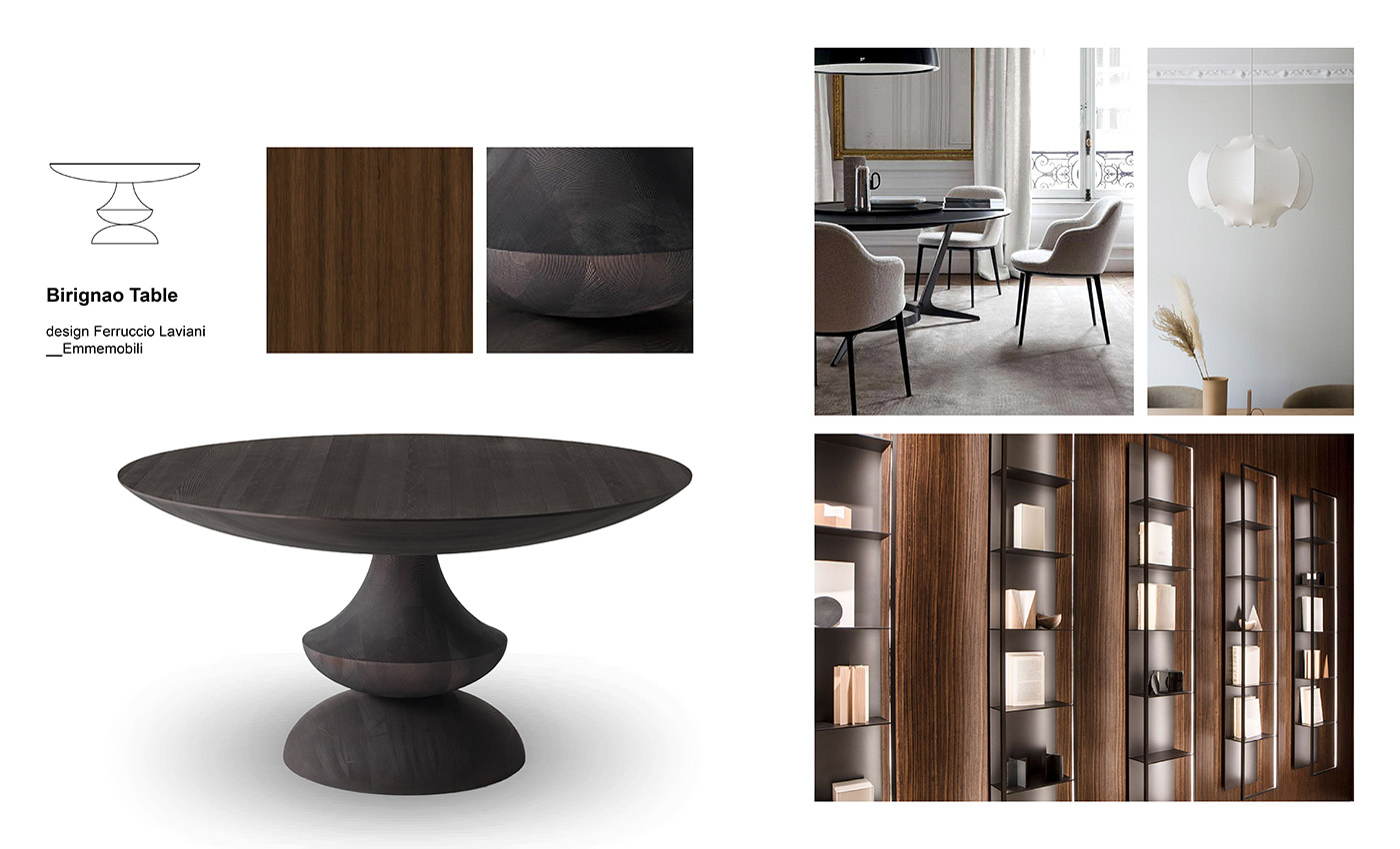 Mix&Match Emmemobili tables Moodboard composition with Birignao Table by Ferruccio Laviani for Emmemobili, Caratos chair designed by Antonio Citterio for Maxalto, Viscontea lamp designed by Achille and Pier Giacomo Castiglioni for Flos, Gap wall bookcase designed by Carlo Tamborini for Porro