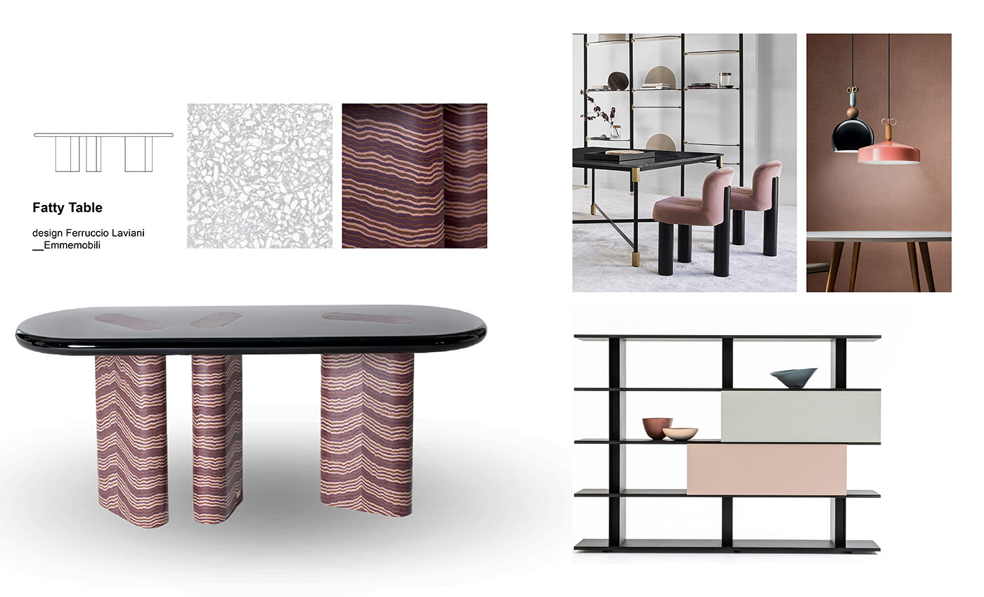 Mix&Match Emmemobili tables Moodboard composition with Fatty Table by Ferruccio Laviani for Emmemobili, Botolo chair designed by Cini Boeri for Arflex, Bon Ton lamps designed by Cristina Celestino for Il Fanale, Frame Shift bookcase designed by Oscar and Gabriele Buratti for Moroso