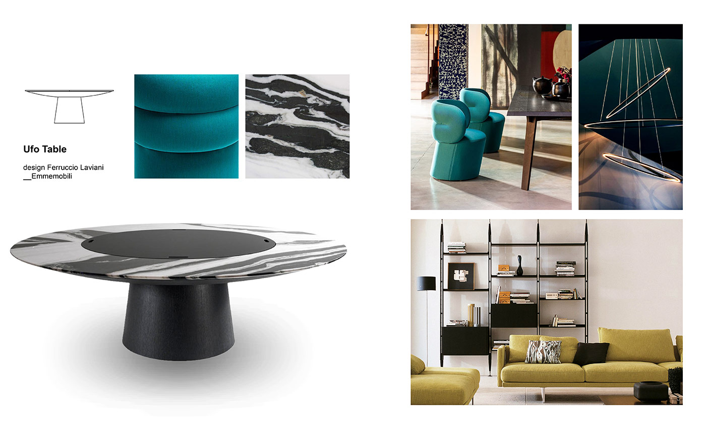 Mix&Match Emmemobili tables Moodboard composition with Ufo Table by Ferruccio Laviani for Emmemobili, Getlucky armchair designed by Patricia Urquiola for Moroso, Ellisse Triple Lamp designed by Federico Palazzari for Nemo, Infinito bookcase designed by Franco Albini for Cassina