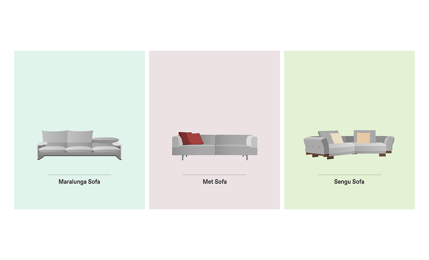 Maralunga Sofa, Met Sofa and Sengu Sofa are our selection of Cassina Sofas for Mix&Match compositions by Esperiri Milano