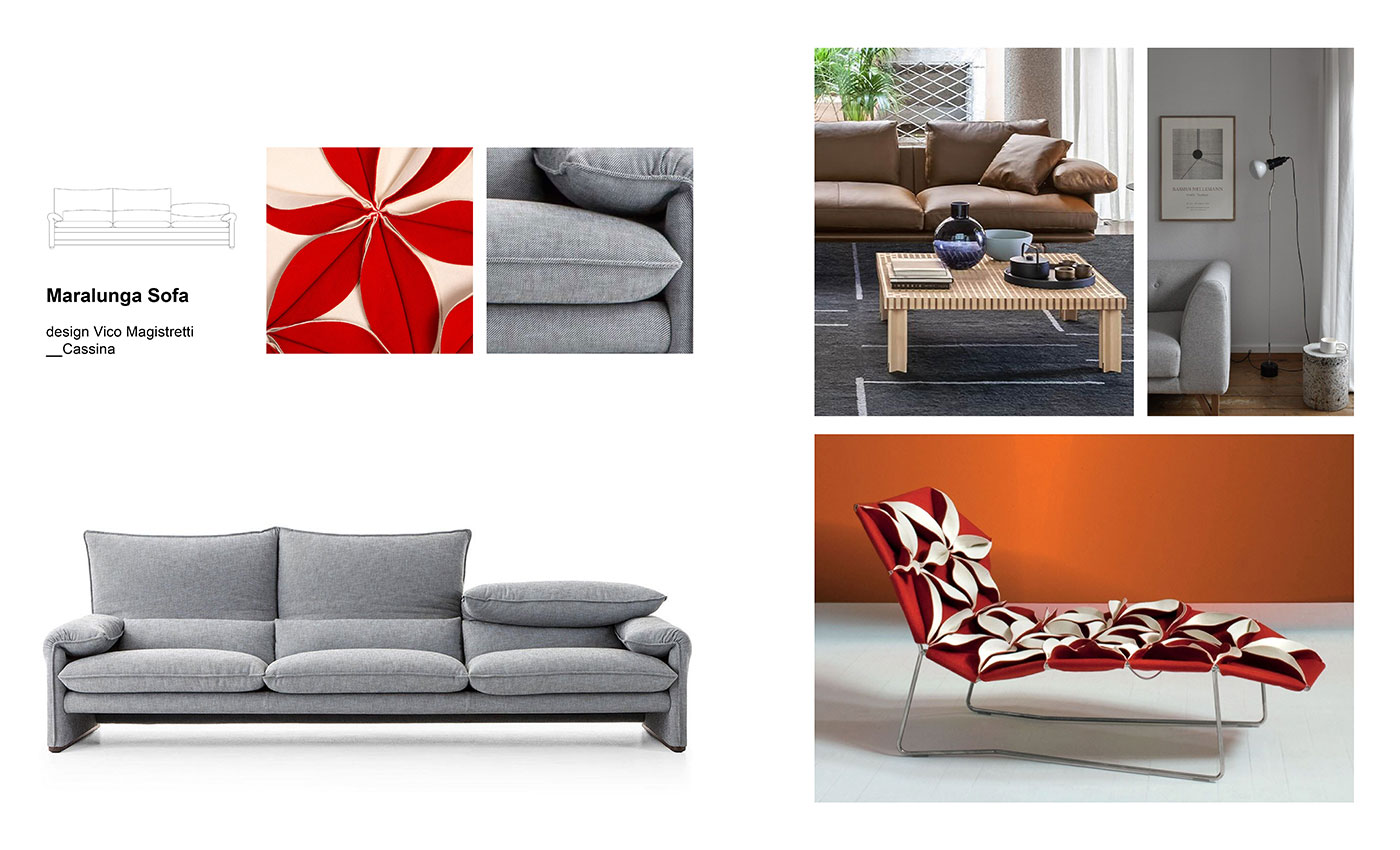 Mix&Match Cassina sofas Moodboard composition with Maralunga sofa by Vico Magistretti for Cassina, Antibodi chaise longue designed by Patricia Urquiola for Moroso, Kyoto coffee table designed by Gianfranco Frattini for Poltrona Frau and Parentesi floor lamp by Castiglioni brothers for Flos