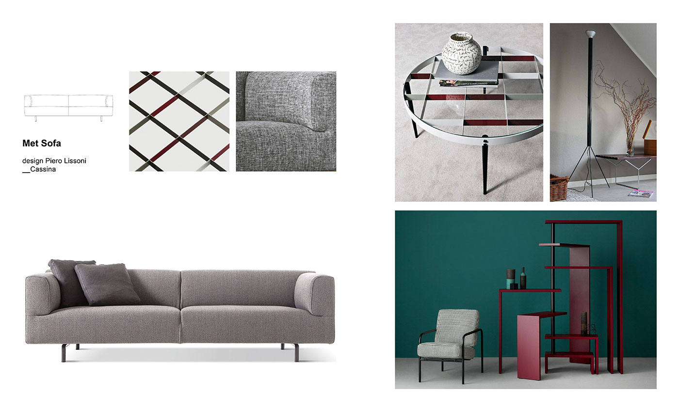 Mix&Match Cassina sofas Moodboard composition with Met sofa by Piero Lissoni for Cassina, D.555.1 coffee table designed by Gio Ponti for Molteni&C, Luminator floor lamp designed by Castiglioni brothers for Flos and Joy bookcase also designed by Achille Castiglioni for Zanotta