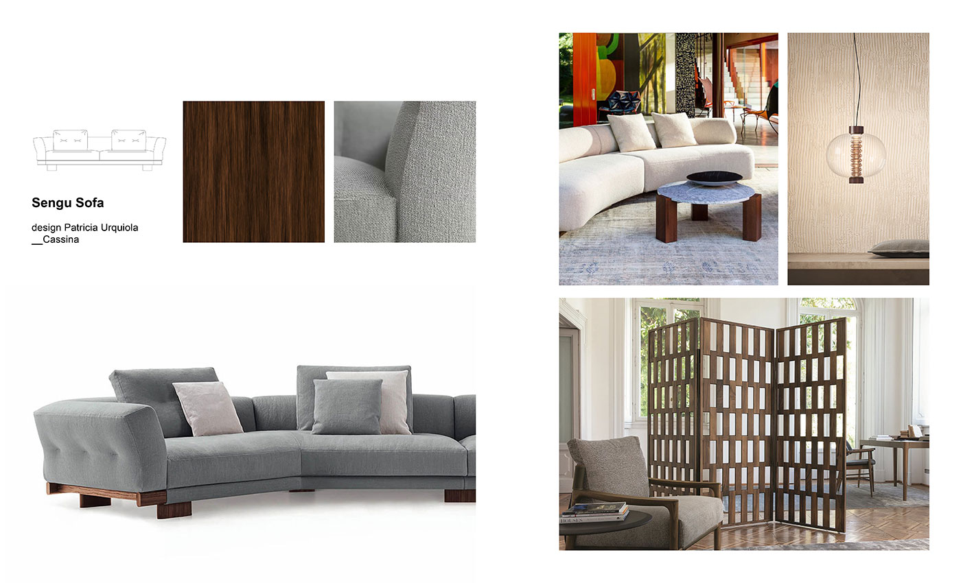 Mix&Match Cassina sofas Moodboard composition with Sengu sofa by Patricia Urquiola for Cassina, Gogan coffee table designed by Patricia Urquiola for Moroso, Bolha pendant lamp designed by Kundalini and Hilton screen for Porada