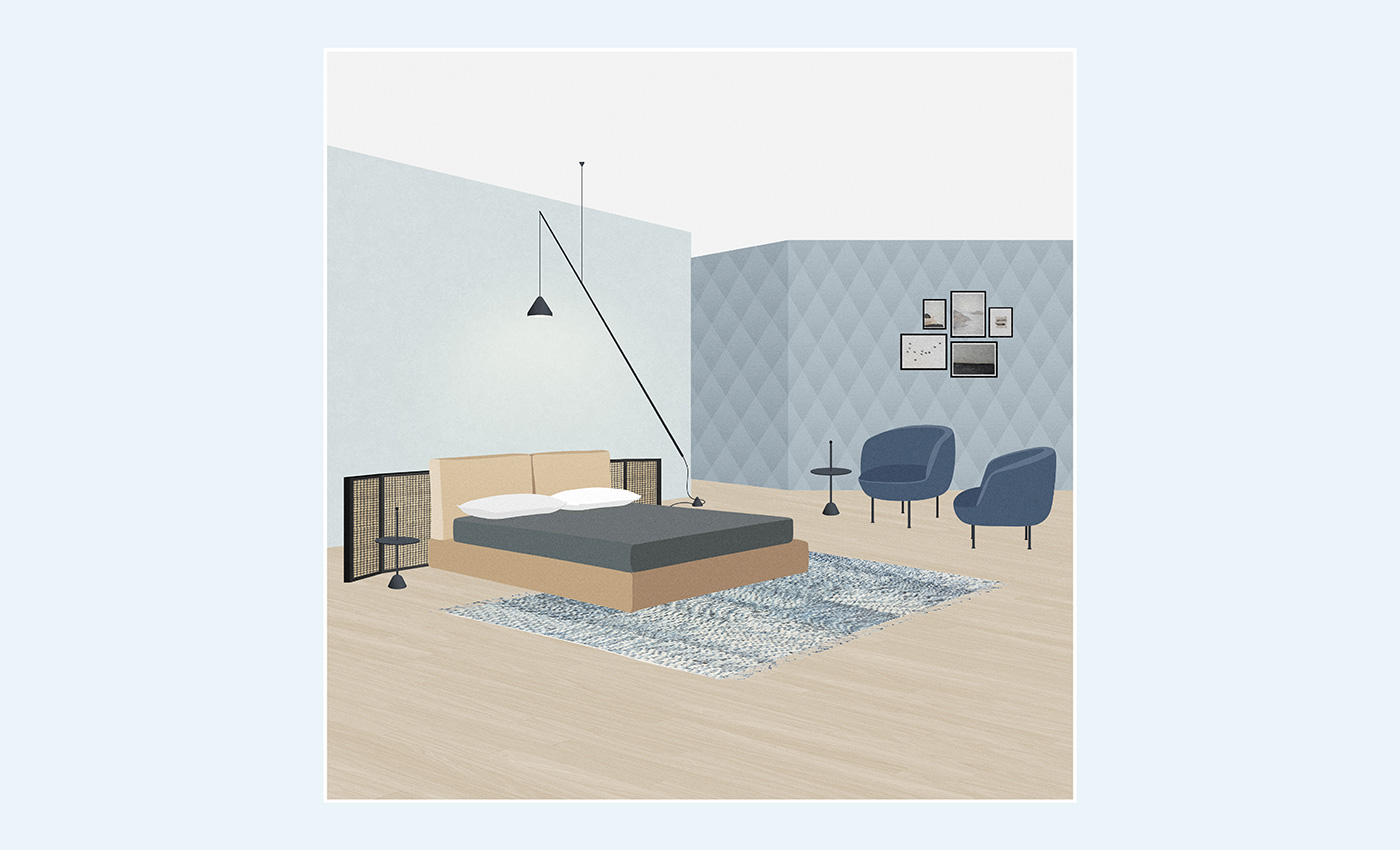 Mix&Match Porro beds Composition by Esperiri Milano with Byron Bed by Piero Lissoni for Porro, Supplì armchairs designed by Luca Nichetto for Arflex, Servomuto coffee table designed by Castiglioni for Zanotta, North floor lamp by Arik Levy for Vibia and Lines Blue rug by cc-tapis