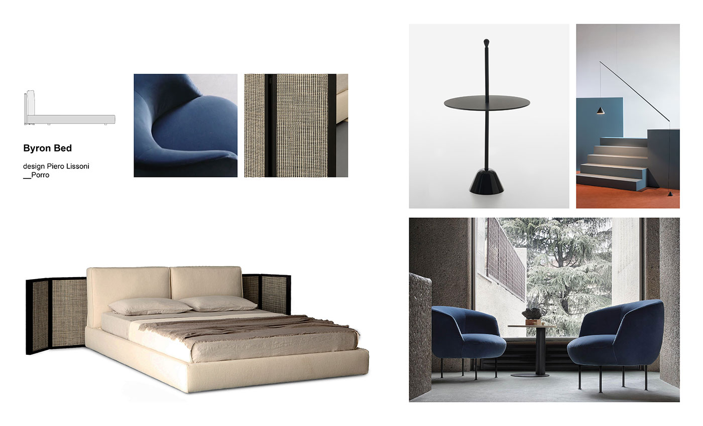 Mix&Match Porro beds Moodboard composition with Byron Bed by Piero Lissoni for Porro, Supplì armchairs designed by Luca Nichetto for Arflex, Servomuto coffee table designed by Castiglioni for Zanotta, North floor lamp by Arik Levy for Vibia and Lines Blue rug by cc-tapis