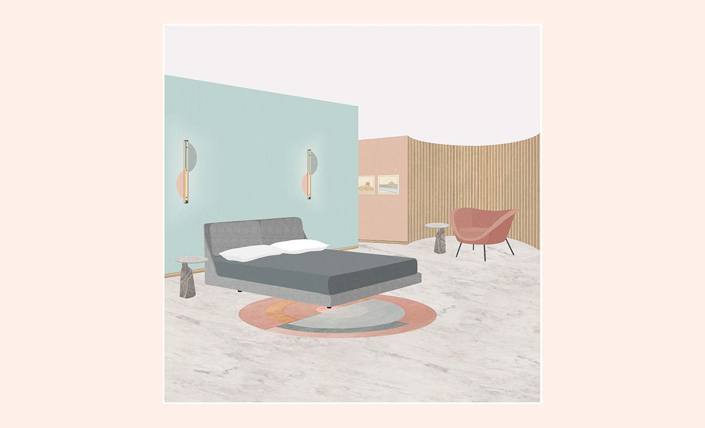 Mix&Match Porro beds Composition with Esperiri Milano with Makura Bed by Piero Lissoni for Porro, D.154.2 armchairs designed by Gio Ponti for Molteni&C, Ilary coffee table designed by Poltrona Frau, Papillon lamps by Arflex and Bliss Round rug by cc-tapis