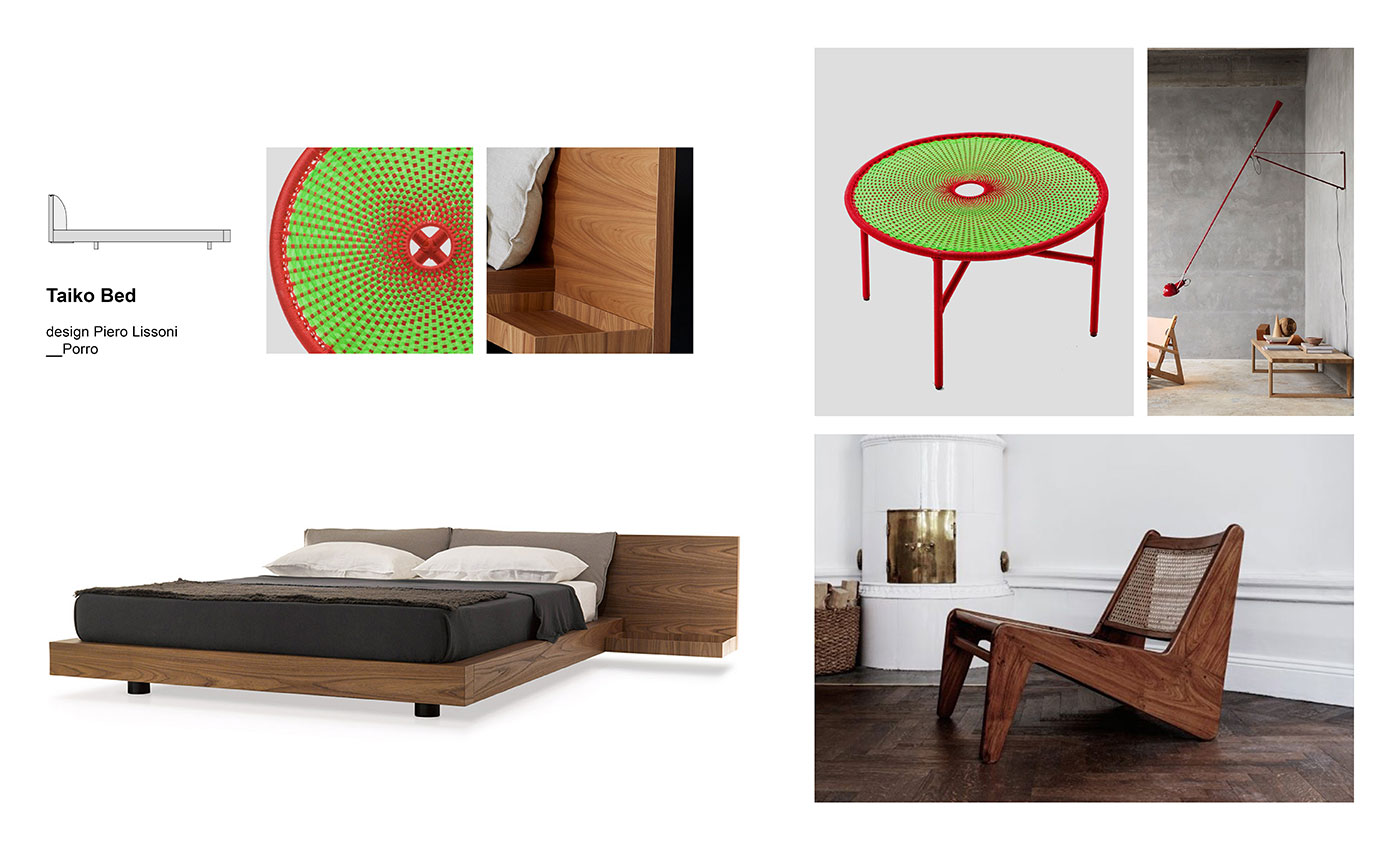Mix&Match Porro beds Moodboard composition with Taiko Bed by Piero Lissoni for Porro, Kangaroo armchair designed by Pierre Jeanneret for Cassina, Banjooli coffee table designed by Moroso, 265 wall lamp by Flos and Cultivate Chevron rug by cc-tapis