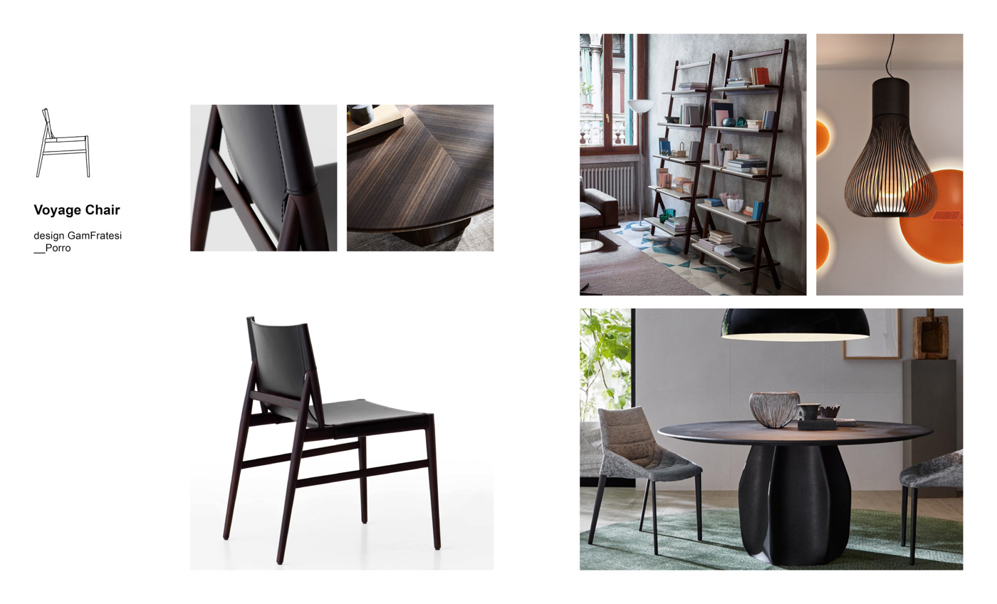 Mix&Match Porro chairs Moodboard composition with Voyage chair by GamFratesi for Porro, Asterias table designed by Patricia Urquiola for Molteni&C, Ren bookcase designed by Neri&Hu for Poltrona Frau and Chasen lamp designed by Patricia Urquiola for Flos