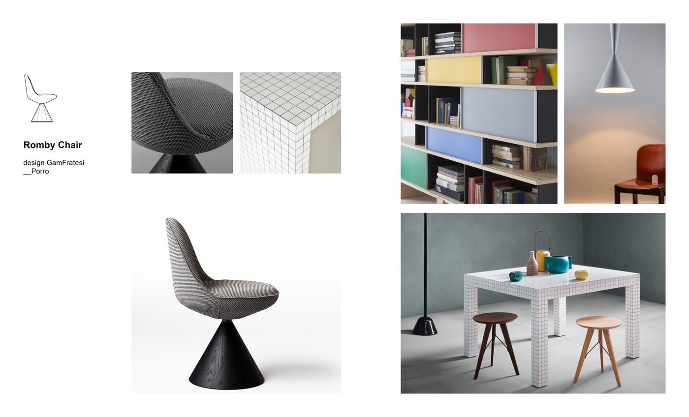 Mix&Match Porro chairs Moodboard composition with Romby chair by GamFratesi for Porro, Quaderna table designed by Superstudio for Zanotta, Nuage bookcase designed by Charlotte Perriand for Cassina and Diabolo lamp designed by Achille Castiglioni for Flos