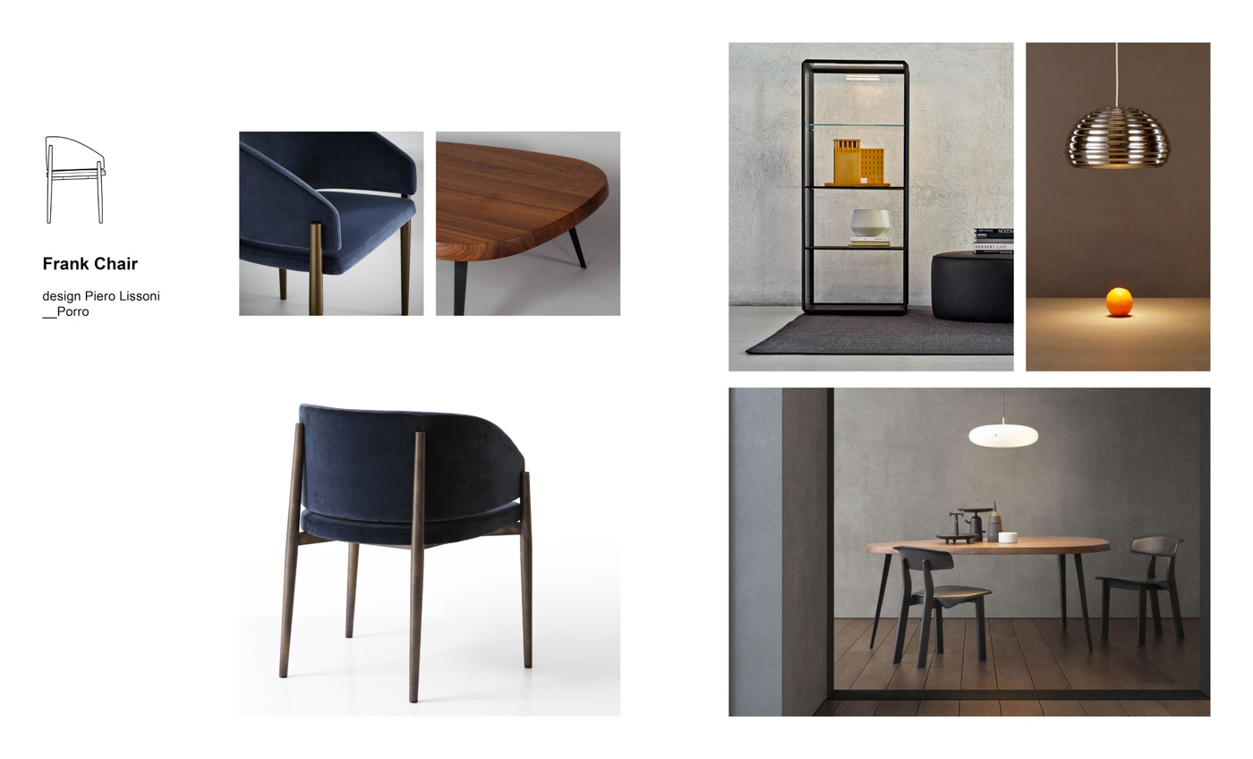 Mix&Match Porro chairs Moodboard composition with Frank chair by Piero Lissoni for Porro, Mexique table designed by Charlotte Perriand for Cassina, 45° vetrina showcase designed by Ron Gilad for Molteni&C and Splugen Brau lamp by the Castiglioni brothers for Flos