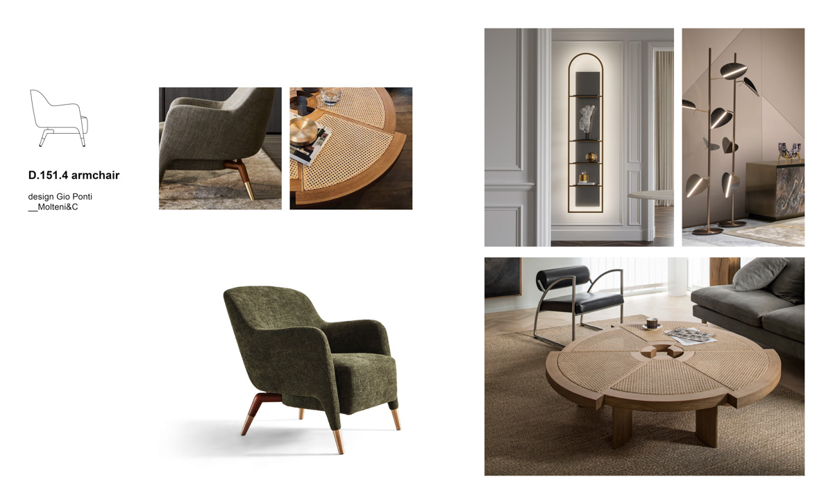 Mix&Match Molteni armchairs and compositions by Esperiri Milano with Round D.151.4 armchair designed by Gio Ponti, Rio coffee table designed by Charlotte Perriand for Cassina, Uffizio bookcase for Paolo Castelli and Aracea floor lamp for Visionnaire