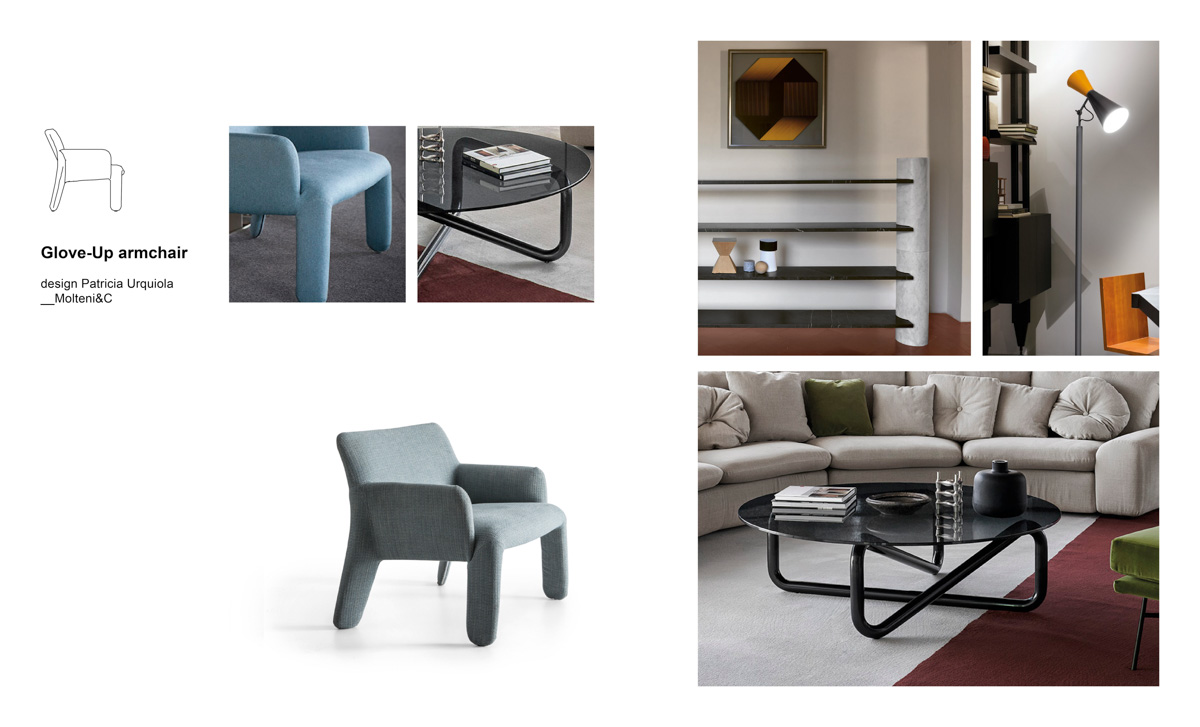 Mix&Match Molteni armchairs and compositions by Esperiri Milano with Glove-Up armchair designed by Patricia Urquiola, Infinity coffee table by Arflex, Parliament lamp designed by Le Corbusier for Nemo and Loico bookcase designed by Angelo Mangiarotti for Agapecasa