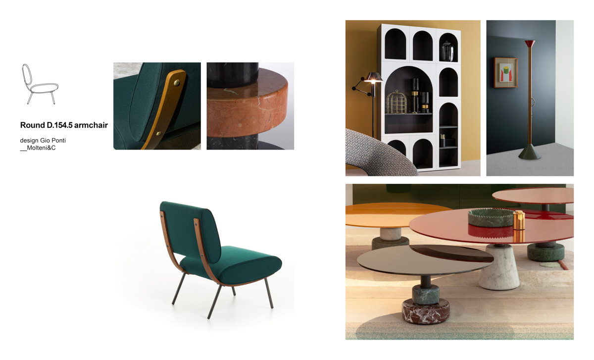 Mix&Match Molteni armchairs and compositions by Esperiri Milano with Round D.154.5 armchair designed by Gio Ponti, Callimaco lamp designed by Ettore Sottsass for Artemide, Cabinet de Curiositè bookcase by Bonaldo furniture and Menhir coffee table by Acerbis Design