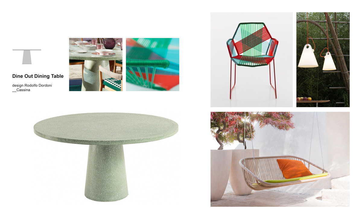 Mix&Match Cassina dining tables and compositions by Esperiri Milano with Dine Out dining table designed by Rodolfo Dordoni, Tropicalia chair by Moroso, Swing hanging seat by Paola Lenti and Trilly hanging lamp by Martinelli Luce