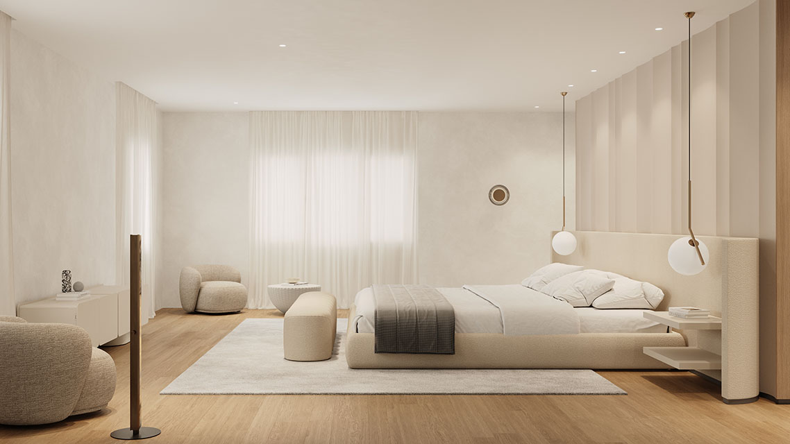Render view of the modern luxury master bedroom, bed area
