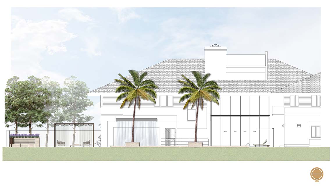 Italian interior designer project for a modern luxury exterior section of the villa near the pool area